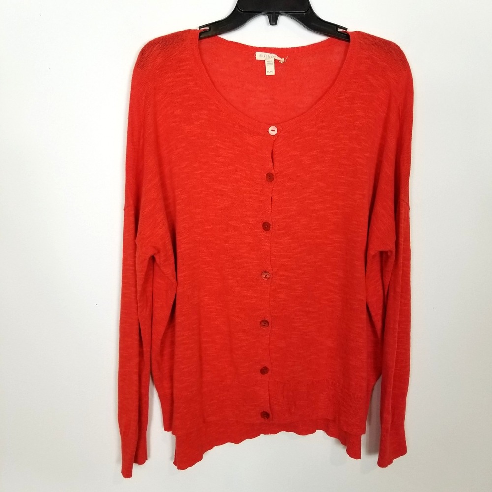 Eileen Fisher Women Organic Linen Cotton Cardigan Sweater Sz L Petite Orange